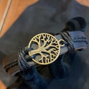 Leather Bracelet “Tree of Life” Gold Stainless Steel Emblem NWT